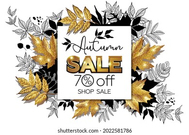 Autumn sale banner, golden autumn leaves and contours of autumn leaves, gold sales emblem. 70% off autumn sale. Baner postcard for print media and online stores