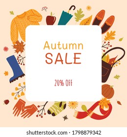 Autumn sale banner with hand drawn objects. Cartoon flat vector illustration banner.