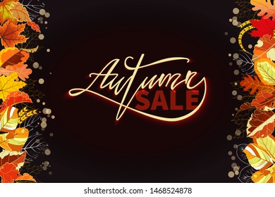 Autumn Sale banner. Hand lettering and a border of fallen leaves on black background. Vector illustration.