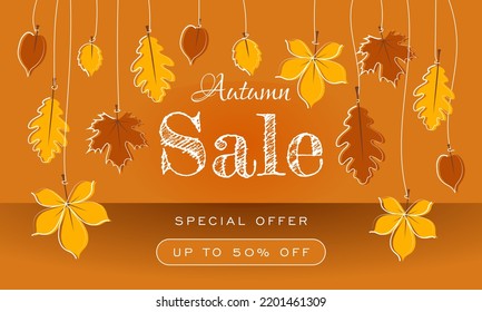 Autumn sale banner with hanging yellow and brown leaves on orange background. Vector illustration for discount design, shopping sale, web banner, seasonal poster, flyer, greeting card or invitation.