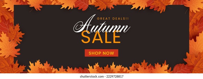 Autumn Sale Banner Or Header Design With Maple Leaves Decorated On Brown Background.