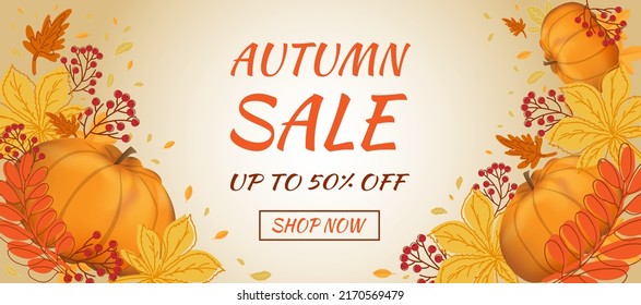 Autumn sale banner. Hello autumn. Autumn leaves with rowan berry and pumpkin on beige background.