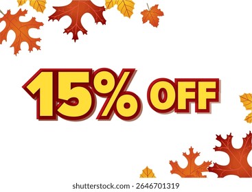 Autumn sale banner highlighting 15 percent off with colorful leaves surrounding the text. Seasonal marketing concept