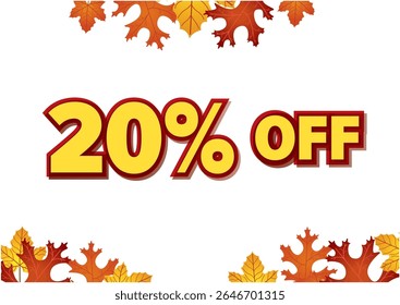 Autumn sale banner highlighting 20 percent off with vibrant leaves framing the text. Seasonal marketing concept