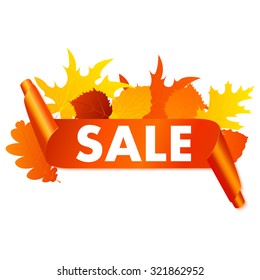 Autumn sale banner isolated on white background. Vector orange curved banner with autumn leaves.