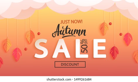 Autumn sale banner, just now big discounts. Fall leaves and rowan berries hanging from the clouds, for seasonal shopping promotion, web, flyers. Template for cards, advertise. Vector illustration.