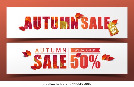 Autumn sale banner layout template decorate with realistic leaves in warm tone for discount poster, shopping sale, leaflet, promo flyer, and web banner. Vector illustration.