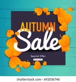 Autumn sale Banner with autumn leaf.  Poster, Flyer. Blurred background. Vector illustration.

