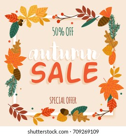 Autumn Sale Banner with leaf, Poster, Flyer. Vector illustration.