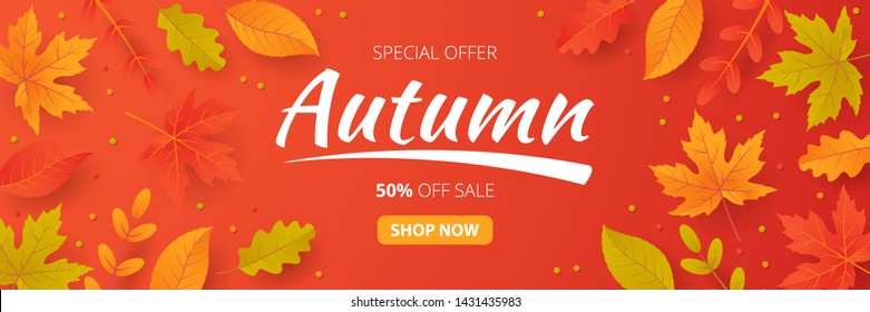 Autumn sale banner with leaves. Can be used for shopping sale, promo poster, banner, flyer, invitation, website or greeting card. Vector illustration