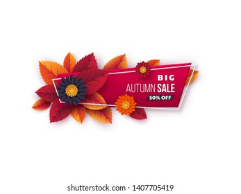 Autumn sale banner with leaves and flowers. Paper cut autumn design for fall season shopping promotion.