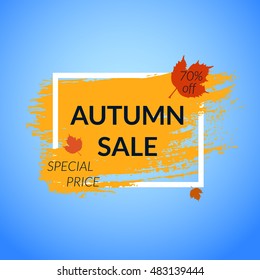 Autumn Sale banner with leaves on brushstroke orange paint background. Vector illustration.