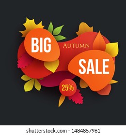 Autumn sale banner with leaves in paper cut cartoon style. Design composition for promotion or season advertising. Vector illustration.