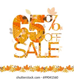 Autumn sale banner made from leaves, can be used for web or print. Hand drawn lettering. Big sale 65% off