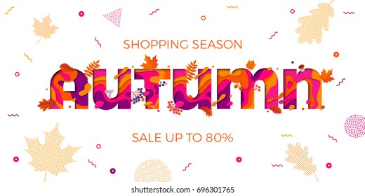 Autumn sale banner with maple leaf and multi color text carving layers on color gradient pattern for 80% discount promo. Vector autumnal design for leaflet or poster.