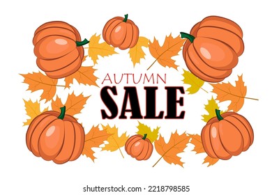 Autumn sale banner with maple leaves and pumpkins. Vector illustration