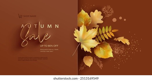 Autumn Sale banner with maple leaves and drawn plants. Abstract fall collage