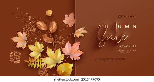 Autumn Sale banner with maple leaves and drawn plants. Abstract fall collage