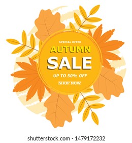 Autumn sale banner modern design autumnal leaves background. Promo badge for your seasonal design.