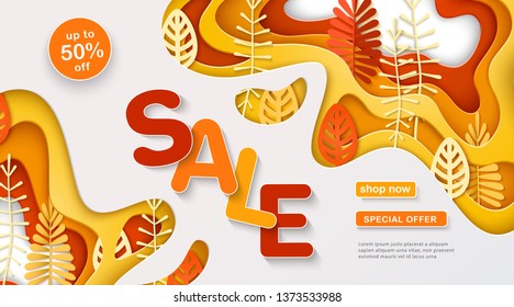 Autumn sale banner with multi layered shapes and leaves in paper cut style. Yellow, orange, red, white color palette. The effect of 3D in papercraft art. Vector