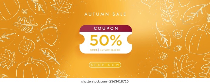 
 Autumn Sale Banner on Beautiful orange background. Autumn 50% Voucher Template with shop now button. Fall element designs. Vector Illustration. 