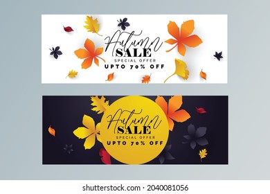 Autumn sale banner on maple leaf foliage pattern background for autumnal shopping promo design. Vector September oak acorn and discount text for shop poster or leaflet