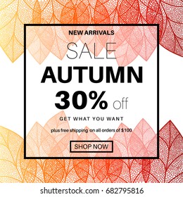 Autumn sale banner for online shopping with discount offer. Promotional email design poster. Fall abstract background.