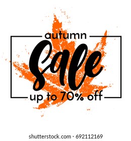 Autumn Sale banner with orange maple print background. Vector discount 70% off autumnal offer with black frame. Seasonal frame template for promo poster, leaflet, web banner, flyer. 