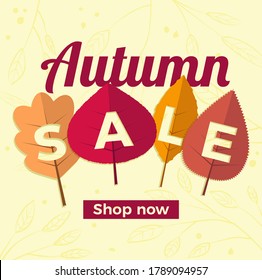 Autumn sale banner with orange and red leaves, in a cream background and with manuscript font. 
Ready to use in social media, posters, flyers and advertising.