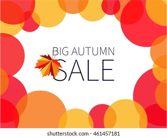 Autumn sale banner, pattern of red and yellow circles, dark lettering on a white background, the label in the form of a maple leaf on  rope.