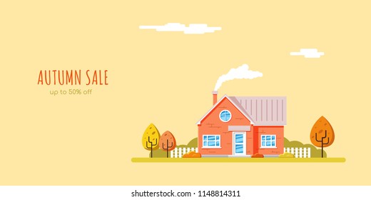 autumn sale banner, picture of a house with trees, rural landscape, flat style illustration