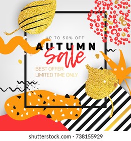 Autumn sale banner, poster, design. Trendy, modern, memphis style layout, template. Typography on white background with stripes, dots, golden glitter, brush strokes and leaves with gold glittering