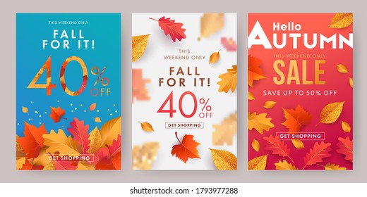 Autumn sale banner, poster or flyer set. Vector illustration with frame of bright beautiful leaves on white, blue and red background. Template Set for advertising, web, social media and fashion ads