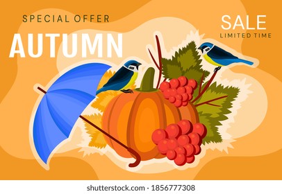 Autumn sale banner, poster, greeting card, template. Special offer. Big sale discounts in stores, shops. Background in fall style with leaves, plants and season colors. Colorful vector illustration