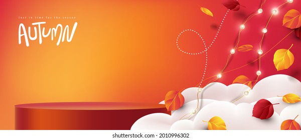 Autumn sale banner with product display cylindrical shape decorate Variety of autumn leaves falling in sky with clouds