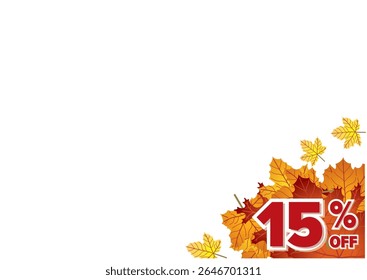 Autumn sale banner promoting 15 percent off with vibrant leaves in the corner. Seasonal marketing concept