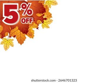 Autumn sale banner promoting 5 percent off with vibrant leaves adorning one corner. Seasonal marketing concept