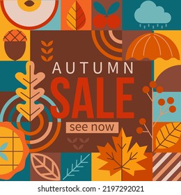 Autumn sale banner with pumpkin,pie,maple leaf in geometric simple style for seasonal shopping promotion,web.Template for discount cards,flyers, posters, advertise,business presentation, print.Vector.