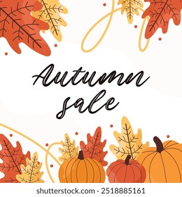 Autumn sale banner with pumpkins and fall leaves in warm tones on white background. Cute seasonal sale illustration in social media banners concept. For banners, flyers.