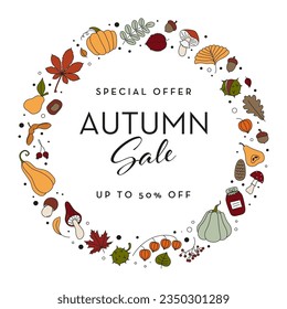 Autumn sale banner with seasonal doodle-style leaves, pumpkin, and mushroom elements. Simple Vector illustration. Circle frame with empty space