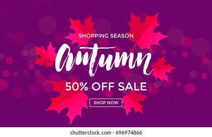 Autumn sale banner for September fall shopping 50% with maple leaf and discount text for new shop collection. Vector autumnal purple, design for promo poster, leaflet or web banner.