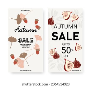 Autumn sale banner set with figs fruits and acorns. Trendy abstract design. Hand drawn. Promotion poster, social media post, discount card or flyer design template. Vector illustration.