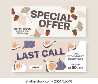 Autumn sale banner set with figs fruits and acorns. Trendy abstract design. Hand drawn. Promotion poster, social media post, discount card or flyer design template. Vector illustration.