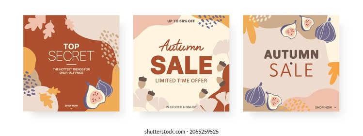 Autumn sale banner set with figs fruits and acorns. Trendy abstract design. Hand drawn. Promotion poster, social media post, discount card or flyer design template. Vector illustration.