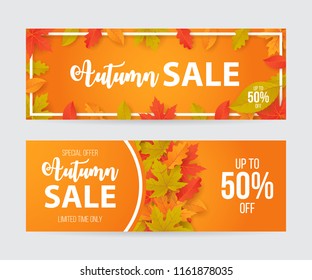 Autumn sale banner set with leaves. Can be used for shopping sale, promo poster, banner, flyer, invitation, website or greeting card. Vector illustration