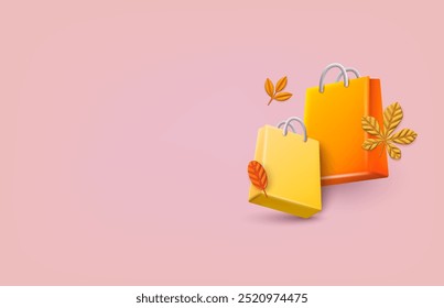 Banner de venda de outono. Saco de compras, bolsa com desconto. Venda, desconto, promoção. Conceito de compras online. Ilustrações de vetor da Web 3D.