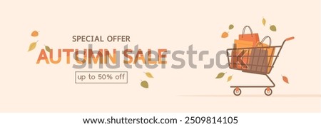 Autumn sale banner. Shopping cart full of shopping bags and boxes with a falling autumn leaves around. Flat vector illustration