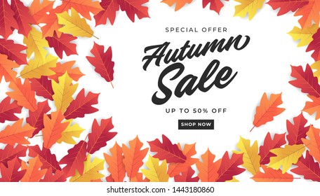Autumn sale banner for shopping sale. Colorful autumn leaves background.