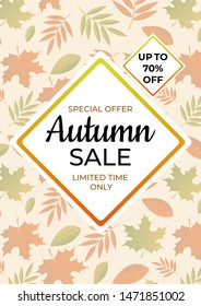 Autumn sale banner. Special offer, limited time only, up to 70% off. Fall leaves pattern background. Vector illustration EPS10.