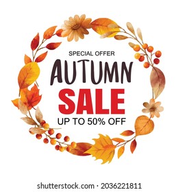 Autumn sale banner template background. Autumn shopping sale with leaves frame and text.